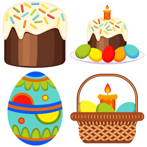 ilustraciones, imágenes clip art, dibujos animados e iconos de stock de set colores pascua vela huevo canasta pastel. - picnic basket christianity holiday easter