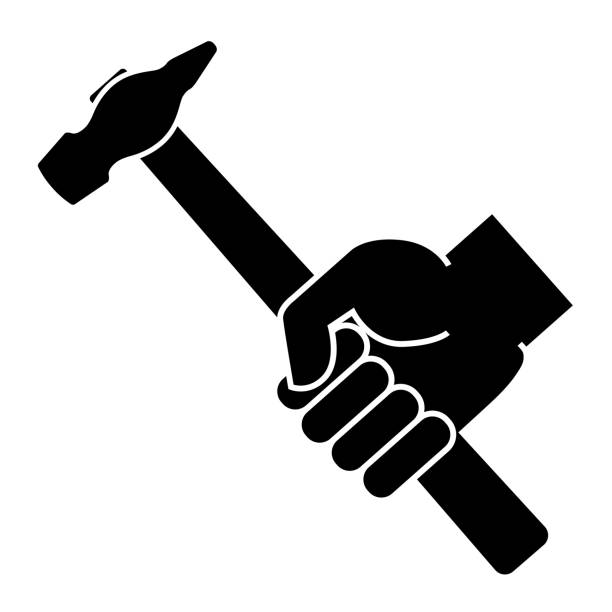 ilustraciones, imágenes clip art, dibujos animados e iconos de stock de mano que sostiene el martillo sobre un fondo blanco - hammer isolated human arm holding