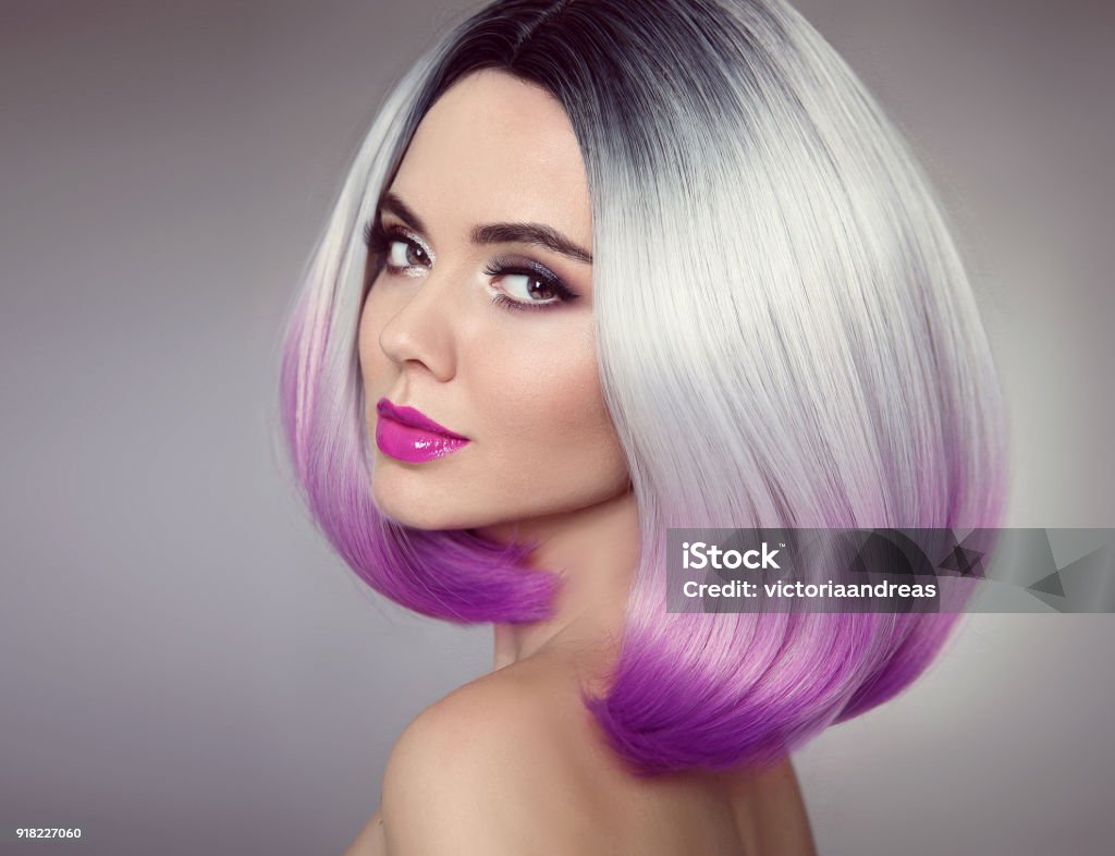 Bob Hairstyle Colored Ombre Hair Extensions Beauty Model Girl Blonde With Short Purple Hair Style Isolated On Gray Background Closeup Woman Portrait Stock Photo - Download Image Now - iStock Bob Hairstyle Colored Ombre Hair Extensions Beauty Model Girl Blonde With Short Purple Hair Style Isolated On Gray Background Closeup Woman Portrait Stock Photo - Download Image Now - iStock