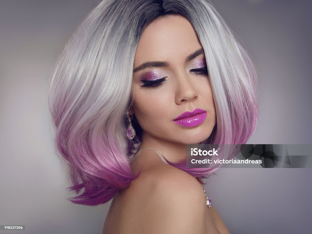 Colored Ombre Hair Extensions Beauty Model Girl Blonde With Short Bob  Purple Hairstyle Isolated On Gray Background Closeup Woman Portrait Stock  Photo - Download Image Now - iStock