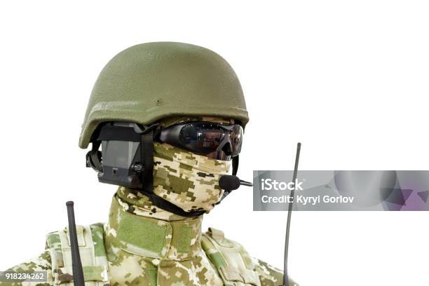 Mannequin In Army Uniform And Equipment Safety Helmet And Goggles Special Rn Radio Communication Device Modern Warfare Facilities Isolated On White Stock Photo - Download Image Now