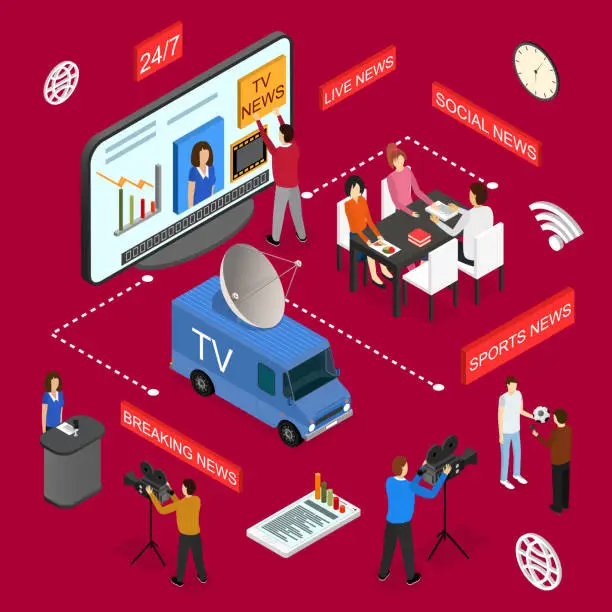 Vector illustration of Mass Media News Concept Isometric View. Vector