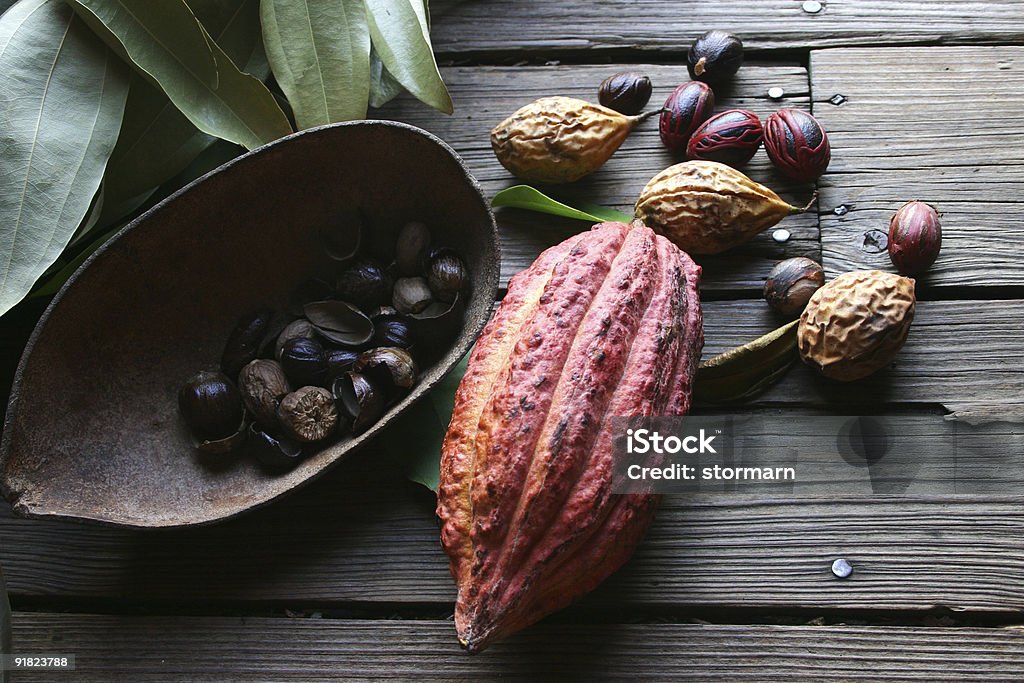 Cocoa bean and nutmeg Cocoa bean and nutmeg on the Isle of Grenada in the lesser antilles Grenada Stock Photo