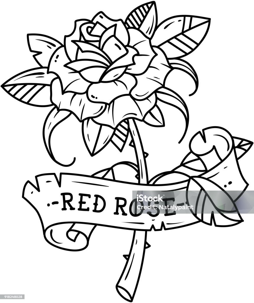 Tattoo rose with ribbon. Passion love. Tattoo rose with ribbon. Symbol of passion love. Rose is wrapped in ribbon. Old School style. Black amd white tattoo Beauty stock vector