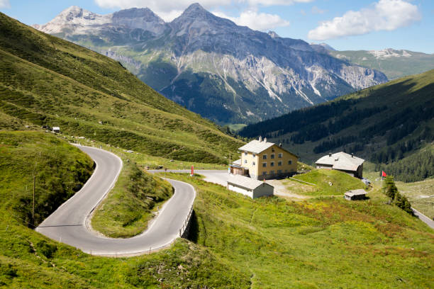 Aerial view of Spluegenpass, serpentines road, Swiss Alps and landscape, Switzerland