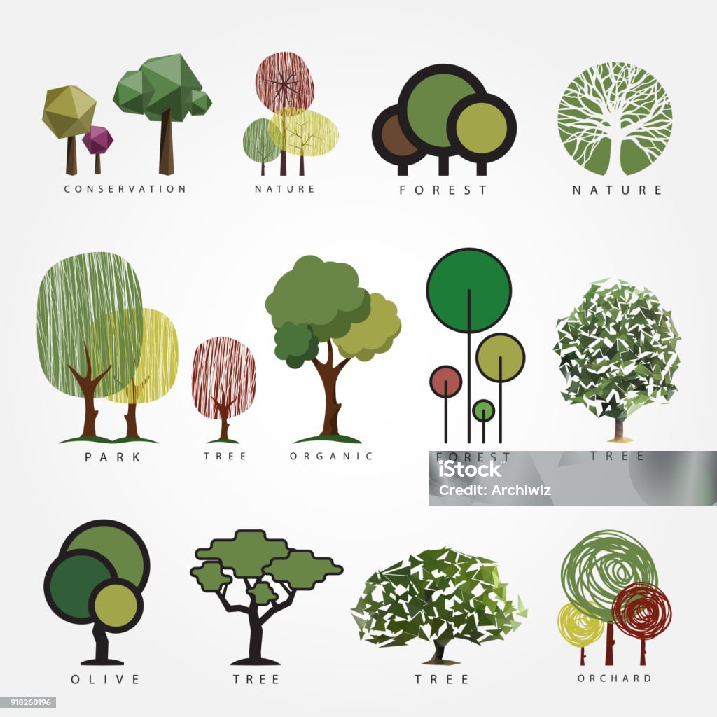 Set of vector tree illustration. Geometric, stylized, hand drawn and polygonal style tree illustrations. Tree label, , icon, nature, eco, green, organic, outdoors design. Tree stock vector