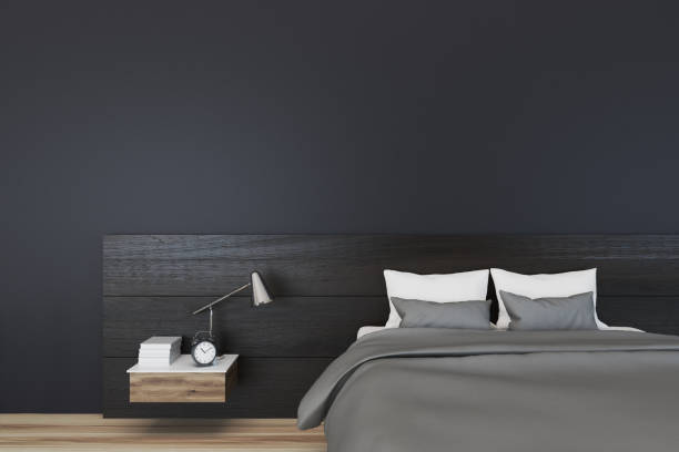 istock Black minimalistic bedroom, lamp 918262816