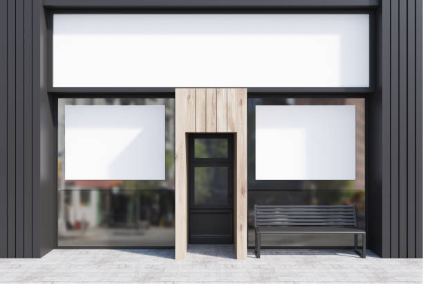 istock Gray and wooden cafe facade, two posters 918262846