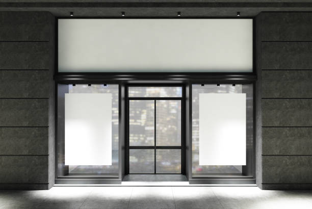 istock Dark gray and white cafe facade, posters, night 918263168