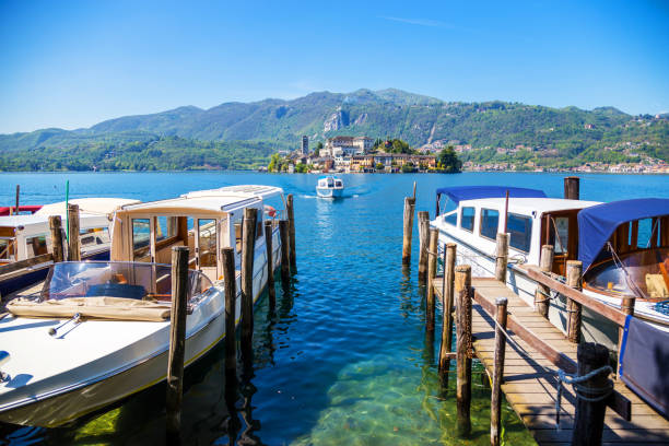 View of San Giulio island on Lake Orta, Piedmont, Italy stock photo