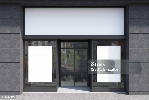 Dark Gray And White Cafe Facade Two Posters Stock Photo - Download Image Now - Store, Facade, Template