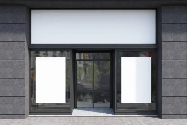 Glass, white and gray stone cafe facade with two vertical posters and a glass door. 3d rendering mock up