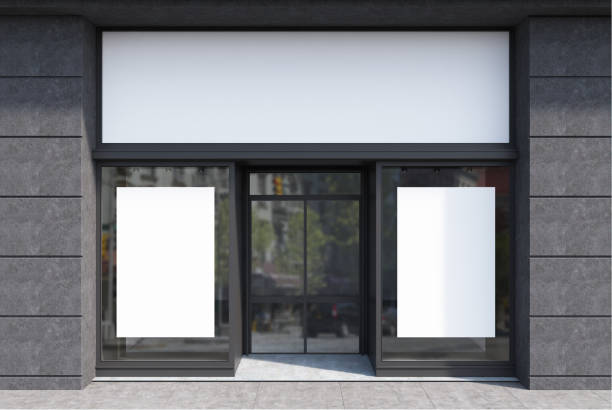 темно-серый и белый фасад кафе, два плаката - facade стоковые фото и изображения