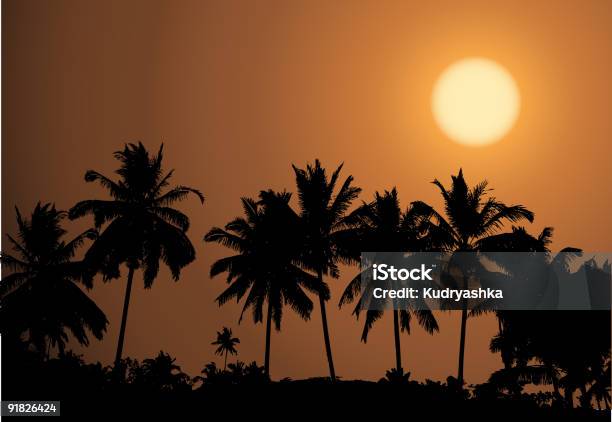 Silhouettes Of Palm Trees Against An Orange Tropical Sunset Stock Illustration - Download Image Now