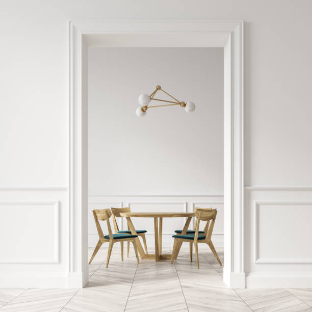 istock White dining room, wooden chairs, door 918265598