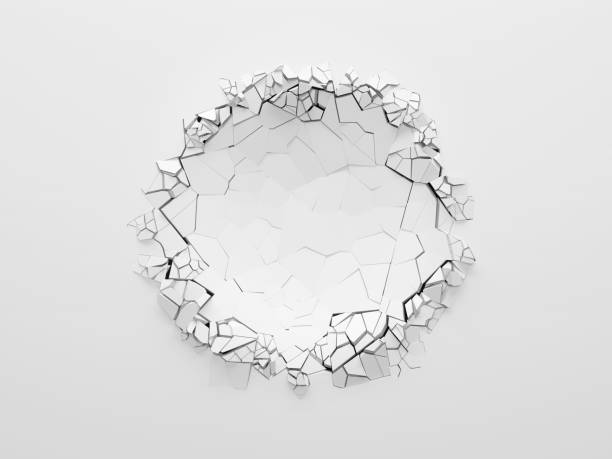 White broken wall. Round or spherical dent on the white wall, front view with copy space. 3d illustration. impact stock pictures, royalty-free photos & images