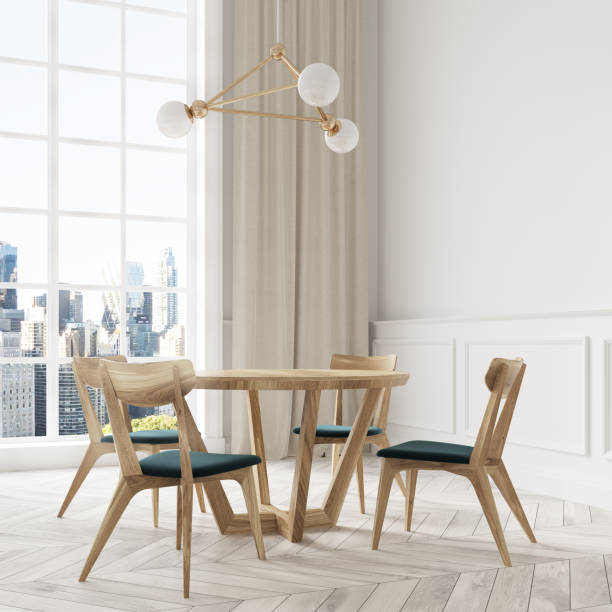 istock White dining room interior, wooden chairs close up 918266000