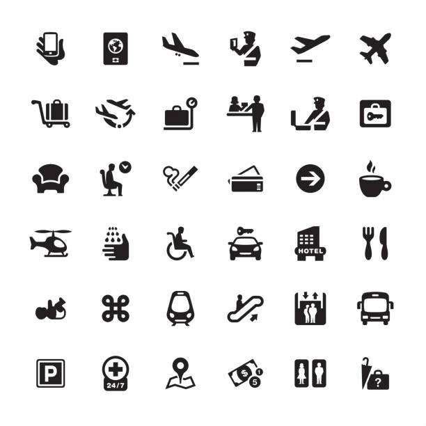 flughafen informationen icons pack - airport airplane travel airport lounge stock-grafiken, -clipart, -cartoons und -symbole