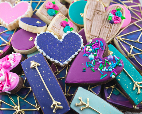 Frosted heart and love cookies.