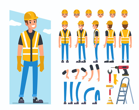 Construction worker character  for animation. Flat style vector illustration isolated on white background.