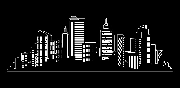 Vector black cities silhouette icon set on black. Night city lights.