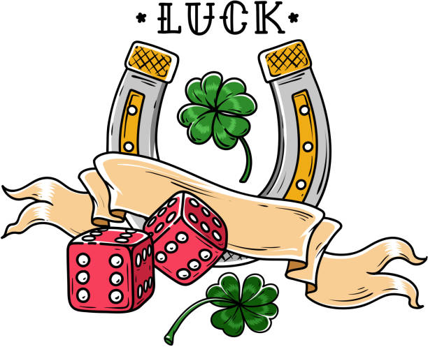 Tattoo horseshoe with dice, ribbon and shamrock clover. Good Luck tattoo. Symbol of luck in gambling and life. Tattoo horseshoe with dice, ribbon and shamrock clover. Good Luck tattoo. Symbol of luck in gambling and life. Old school style. shamrock tattoo stock illustrations