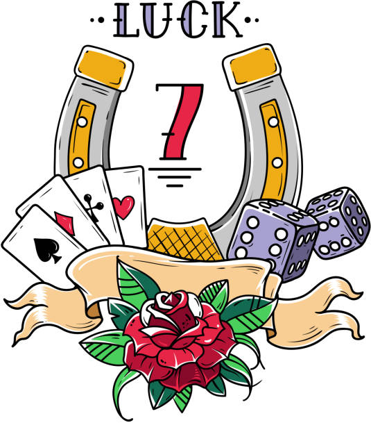 illustrations, cliparts, dessins animés et icônes de tatouage de fer à cheval avec des cartes à jouer, dés, rose et mortels numéro 13. tatouage de chance bonne. symbole de chance aux jeux de hasard - horseshoe gold luck success