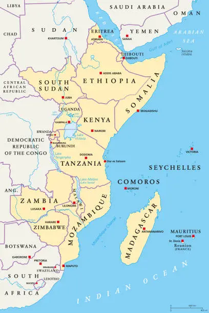 Vector illustration of East Africa region, political map