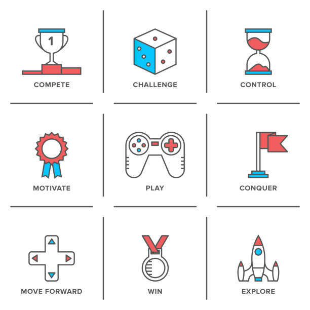 Competitive advantage line icons set Flat line icons set of competitive advantage solution, business gamification elements, winning strategy ideas, motivation and achievement. Modern trend design style vector concept. Isolated on white background. gamification badge stock illustrations