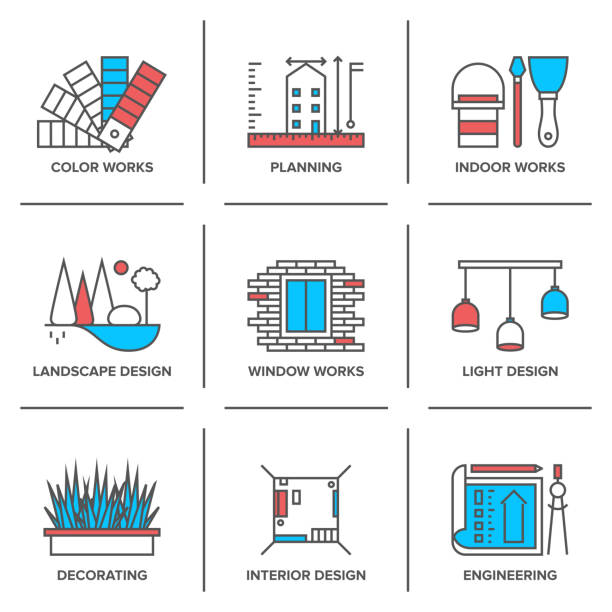 zestaw ikon linii projektowania wnętrz i krajobrazu - gmach swatch stock illustrations