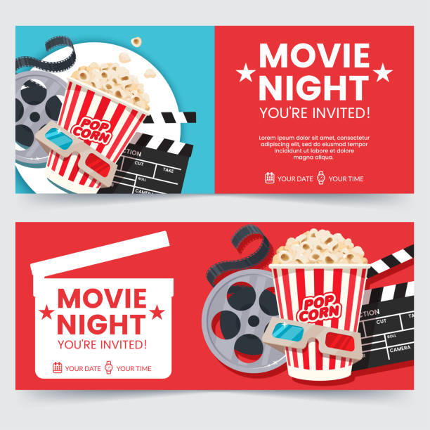 illustrazioni stock, clip art, cartoni animati e icone di tendenza di concetto di design dei biglietti per il cinema. invito per la notte del cinema. modello di poster cinematografico. composizione con popcorn, clapperboard, occhiali 3d e filmstrip. banner design per cinema. - movie time