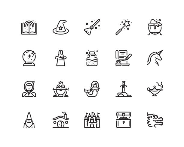 Fairy tales icons, outline style 20 pixel perfect Fairy tales and magic icon set in outline style sorcerer hat stock illustrations