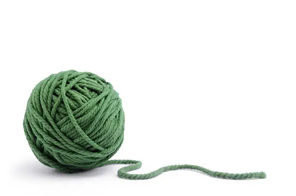 Photo of Clew of green thread for knitting isolated on white background