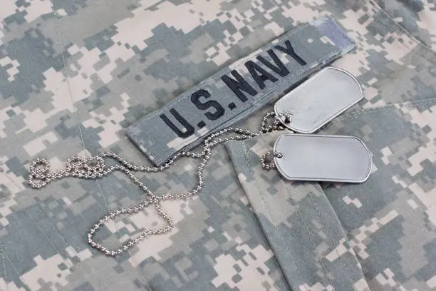 us navy camouflaged uniform with blank dog tags