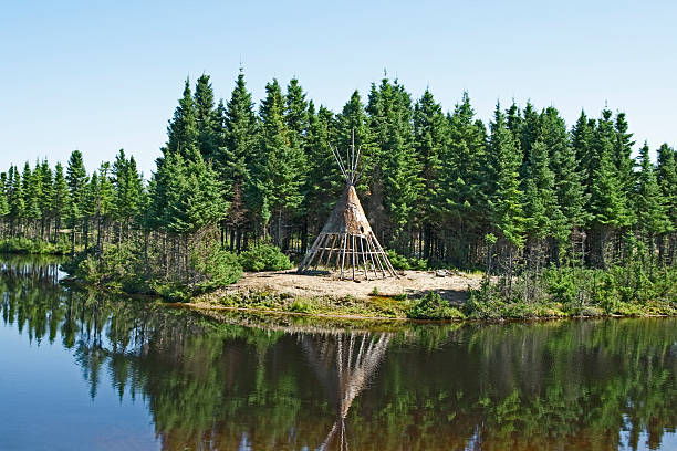 Native American tipi on a lakeshore
