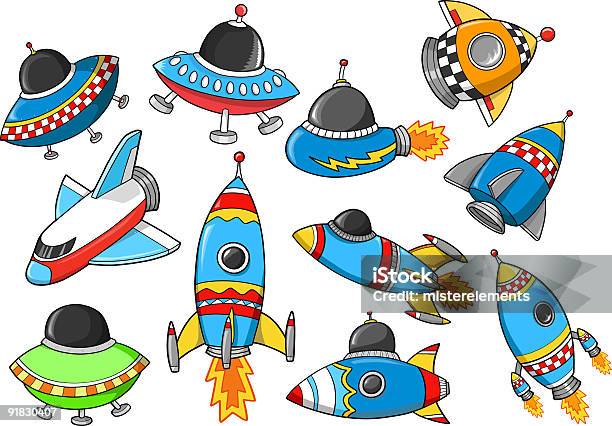Vetores de Linda Rúcula E Flying Pires Conjunto e mais imagens de Exploração Espacial - Exploração Espacial, Fofo - Descrição Geral, Foguete espacial