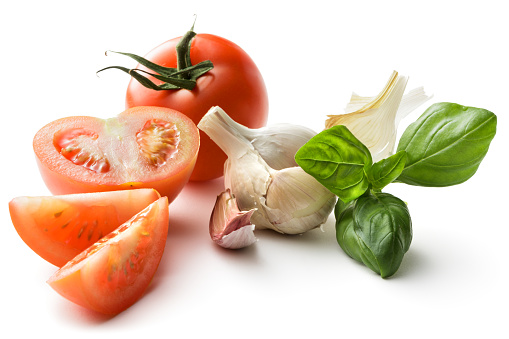 Ingredients: Tomato, Garlic and Basil Isolated on White Background