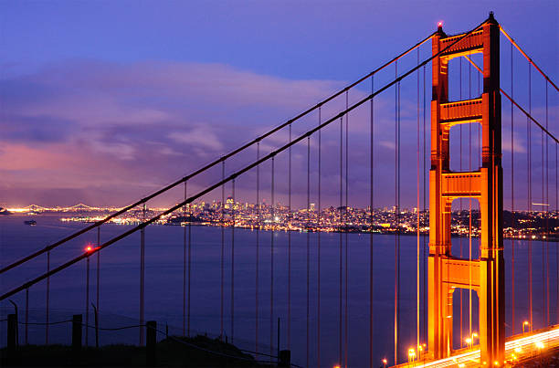 Dusk, Golden Gate Bridge, North Tower stock photo