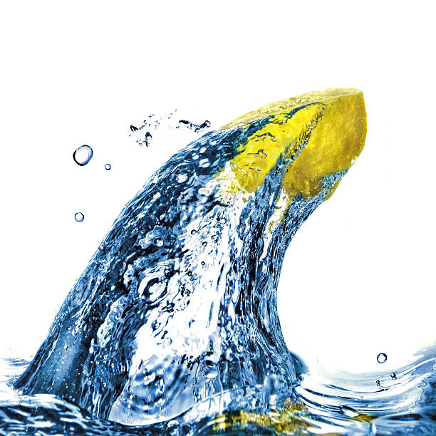 Fresh lemon dropped into water with bubbles isolated on white
