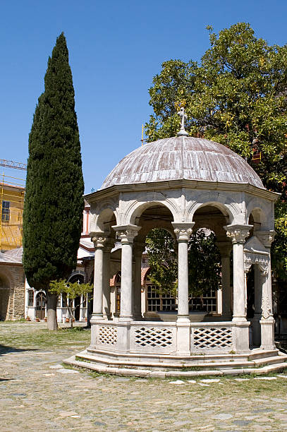 istock Rotunda and cypress, Monastery Iviron, Athos 91832654
