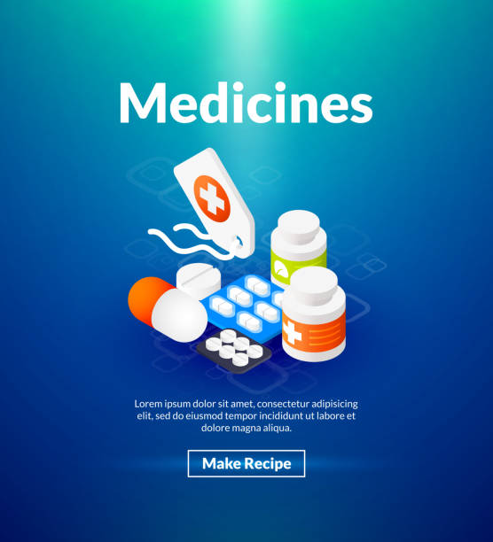 plakat leków o izometrycznej kolorystyce - capsule pill vitamin pill herbal medicine stock illustrations