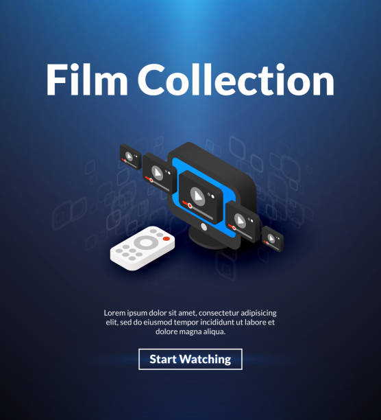 Film collection poster of isometric color design Film collection poster of isometric color design, video player concept vector illustration for web banners and printed materials, vertical portrait orientation dvd logo stock illustrations