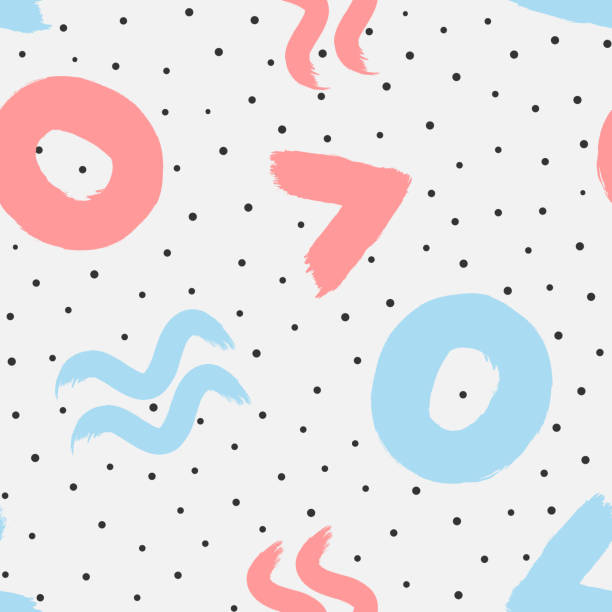 Colorful seamless pattern with polka dots and geometric shapes painted by hand. Sketch, watercolour, grunge, graffiti. Colorful seamless pattern with polka dots and geometric shapes painted by hand. Sketch, watercolour, grunge, graffiti. Modern vector illustration. drawing of pink and black polka dot wallpaper stock illustrations
