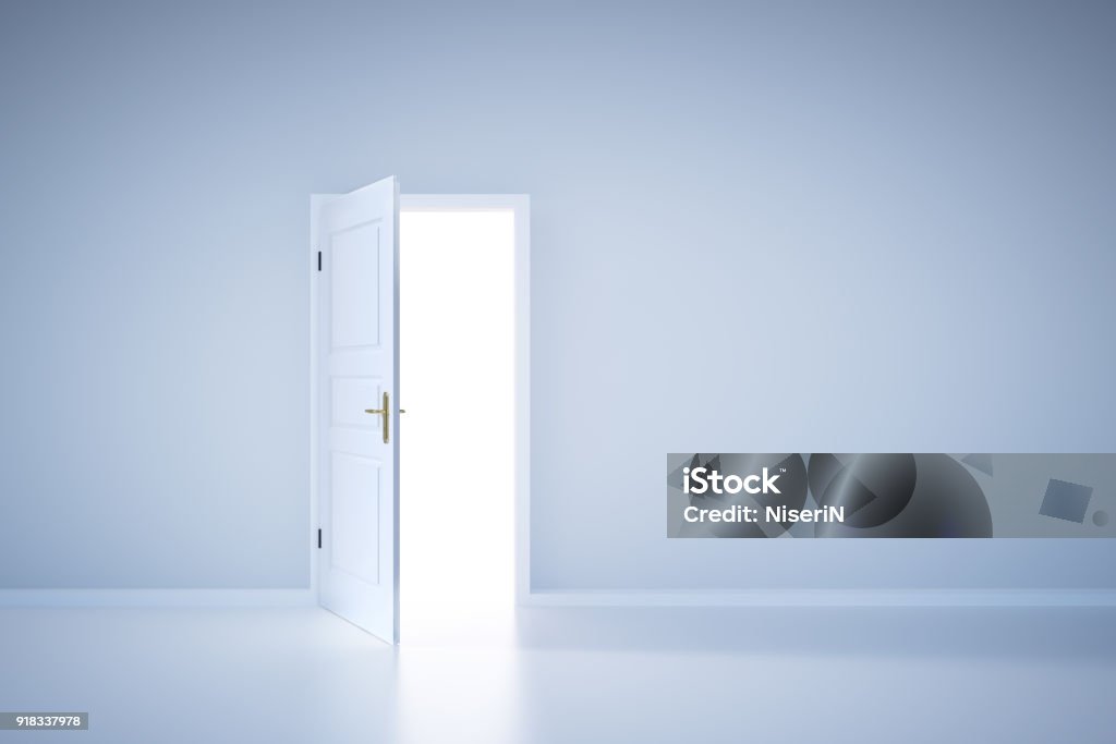 Light shining from open door. Entrance Light shining from open door. Entrance to new world, concept of hope, new opportunity Door Stock Photo