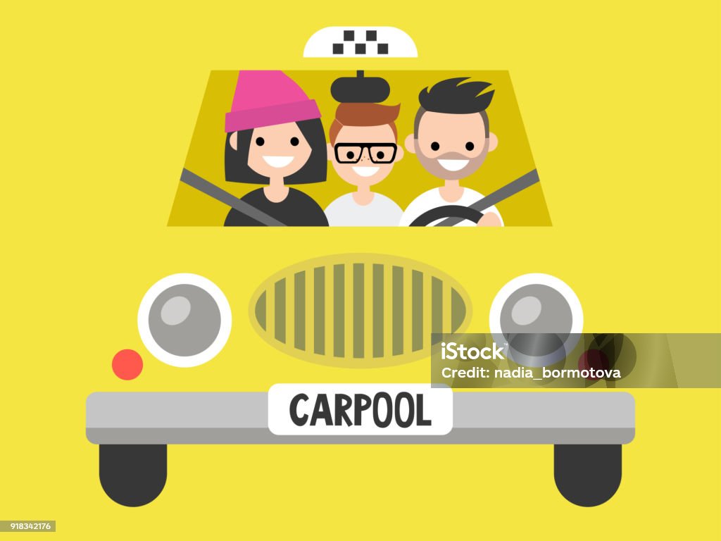 Carpool. Taxi service. Driver and passengers / flat editable vector illustration, clip art Car Pooling stock illustration