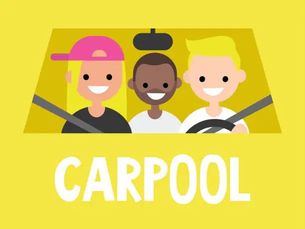 Vector illustration of Carpool. Taxi service. Driver and passengers sitting in the car. Close up view / flat editable vector illustration, clip art