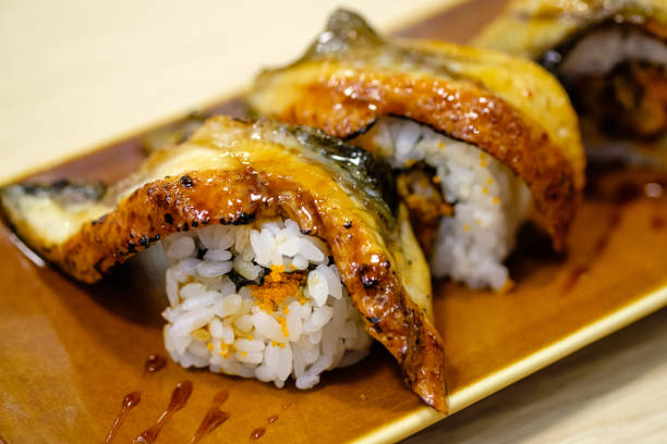 istock Unagi sushi rolls on plate,Japanes style 918342378