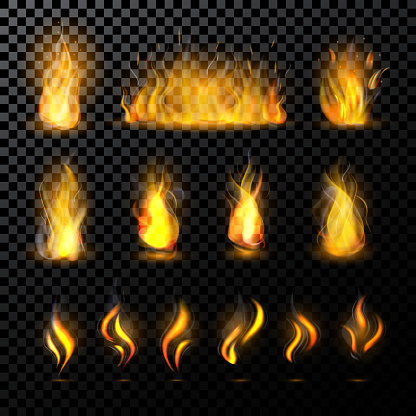 Fire flame vector fired flaming bonfire in fireplace and flammable campfire illustration fiery or flamy set with wildfire isolated on transparent background.