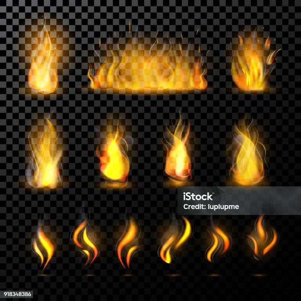 Fire Flame Vector Fired Flaming Bonfire In Fireplace And Flammable Campfire Illustration Fiery Or Flamy Set With Wildfire Isolated On Transparent Background Stock Illustration - Download Image Now
