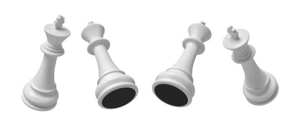 3d rendering of a white chess king piece in four different angled views on a white background